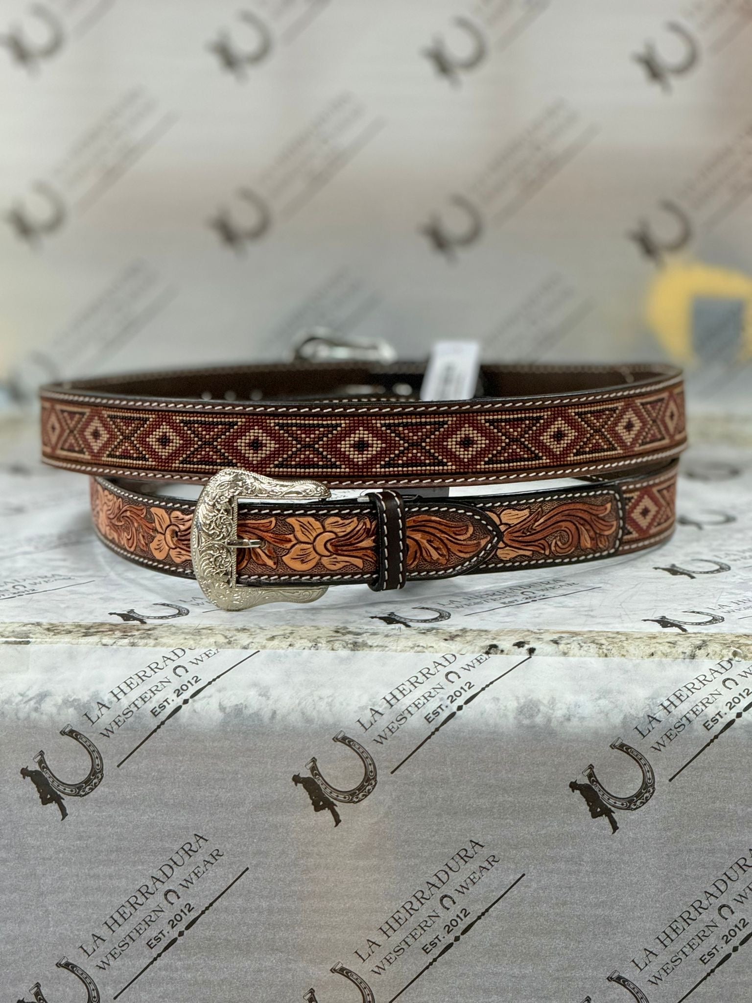 TWISTED X HAND TOOLED BROWN BEADED BELT