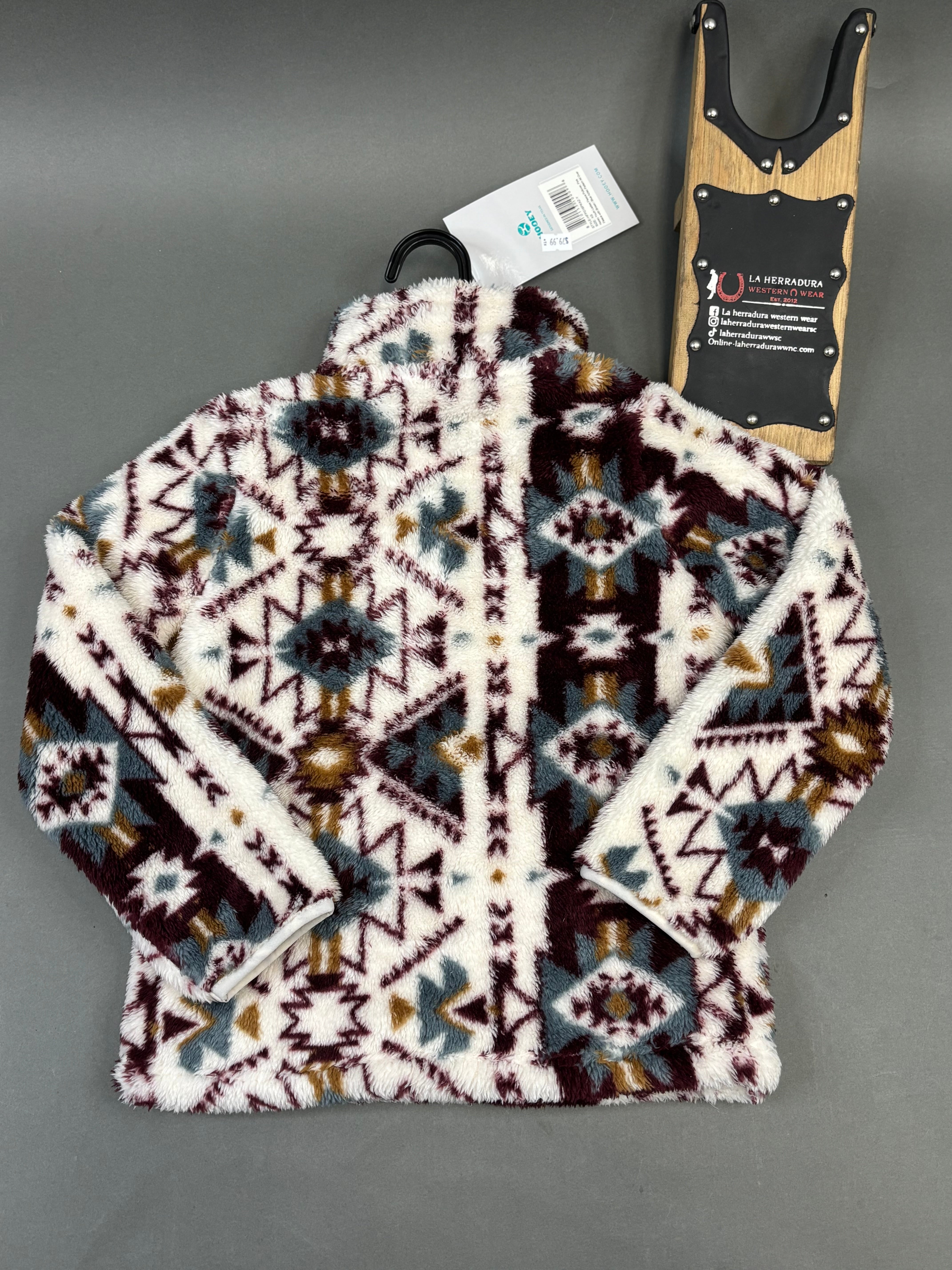 HOOEY YOUTH LADIES FLEECE PULLOVER PINK FLEECE WITH BROWN/BLUE AZTEC PATTERN