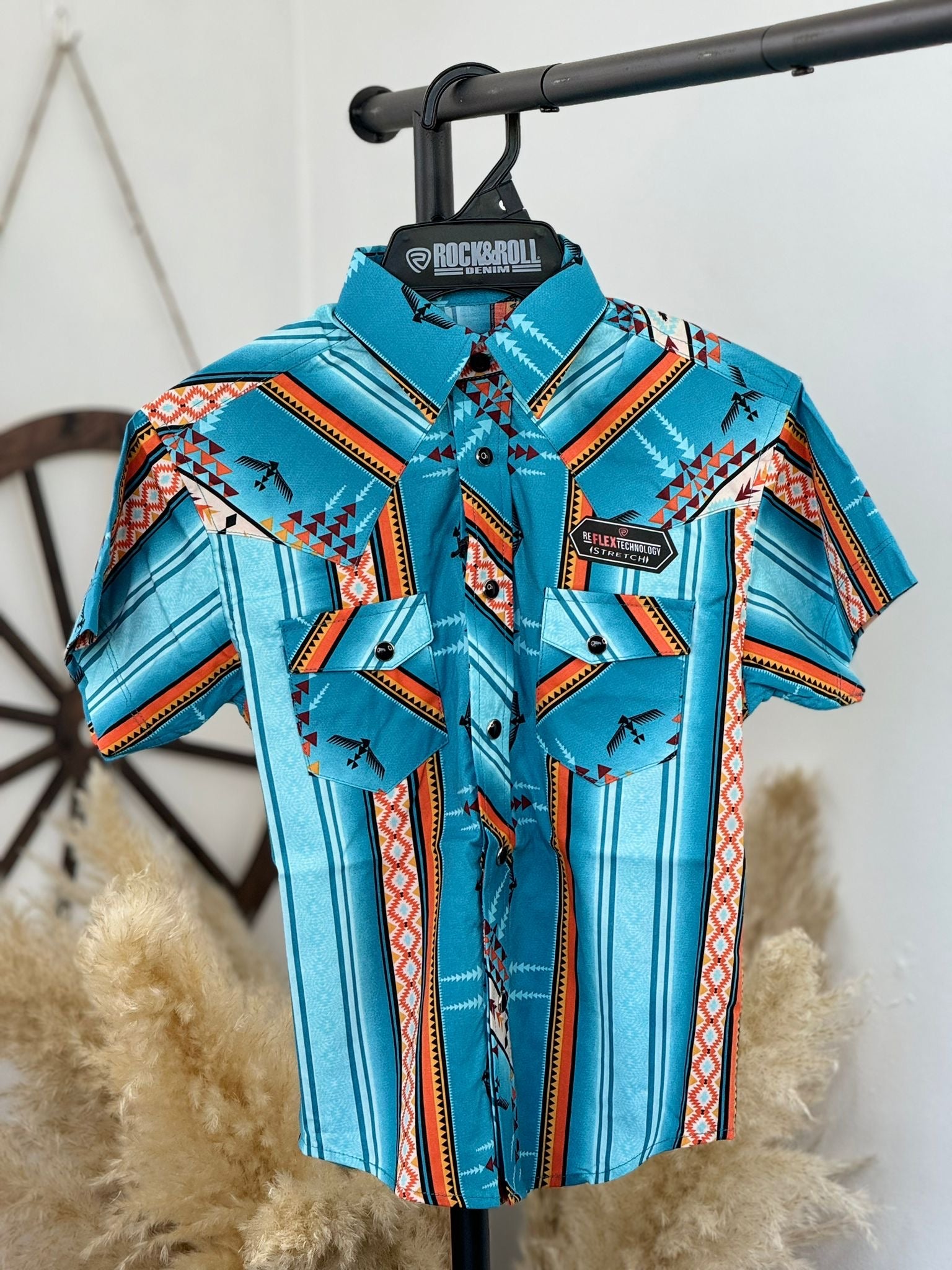 ROCK&ROLL BOYS BLUE AZTEC SNAP SHORT SLEEVE SHIRT 3945