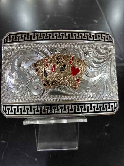 RECTANGLE SILVER BUCKLE WITH GOLD ACES BLACK TRIM