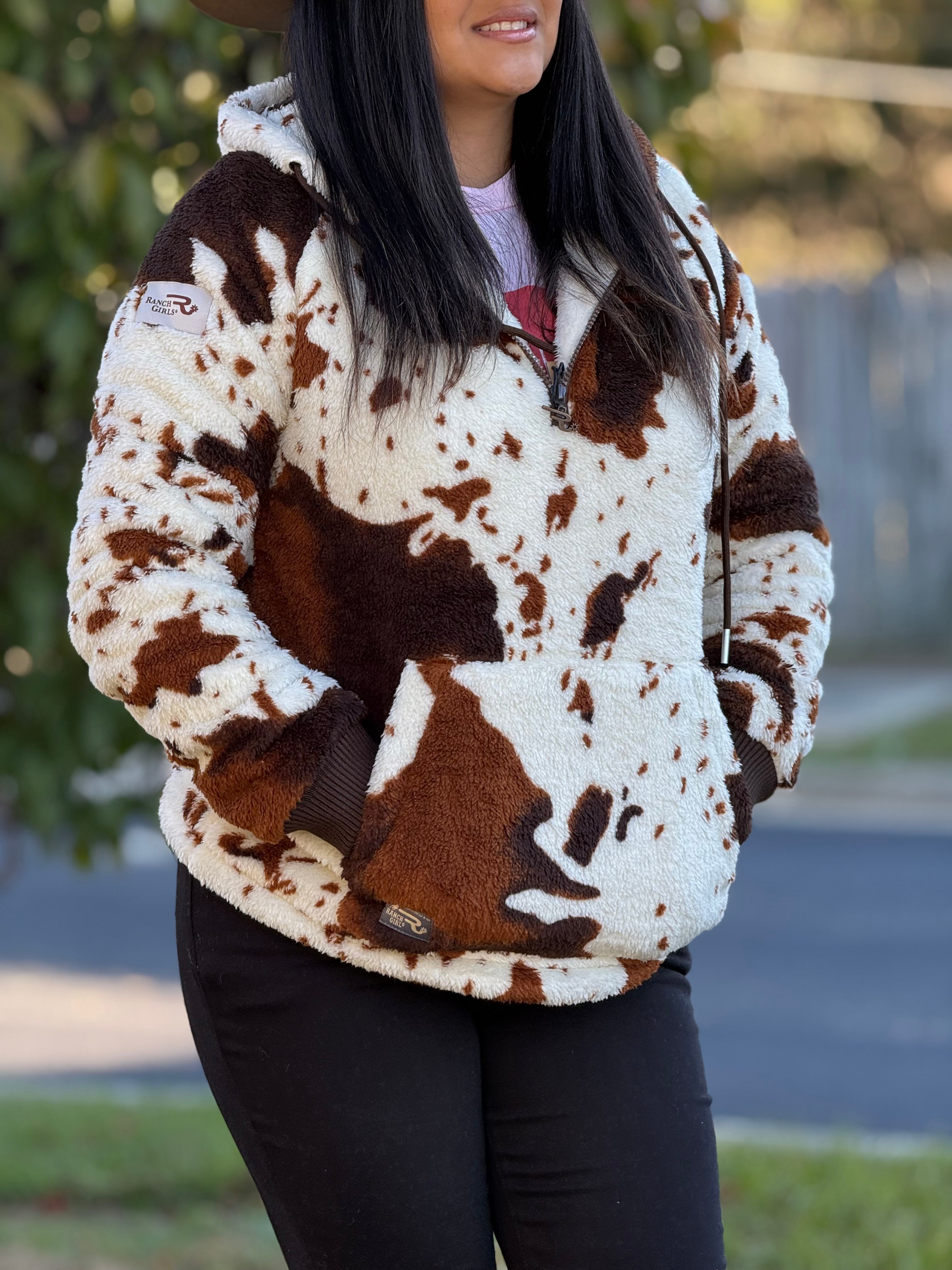 RANCH GIRL COW PATTERN HALF ZIP HOODIE- 6631