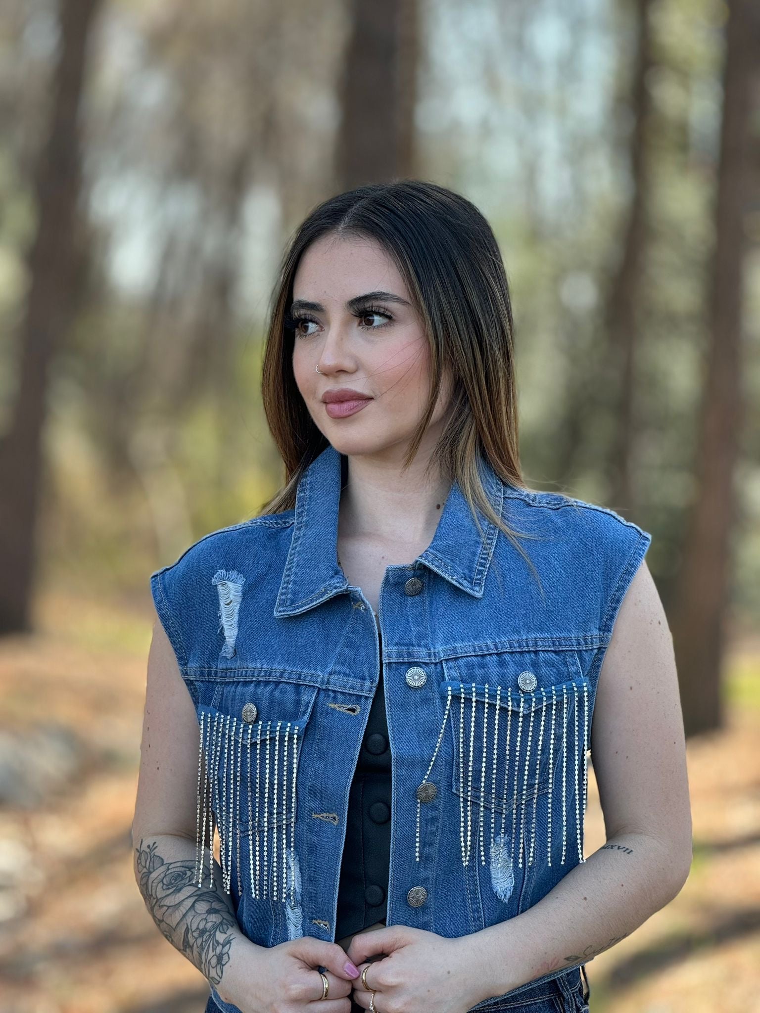 LUCKY & BLESSED JEAN JACKET SPARKLE FRINGE