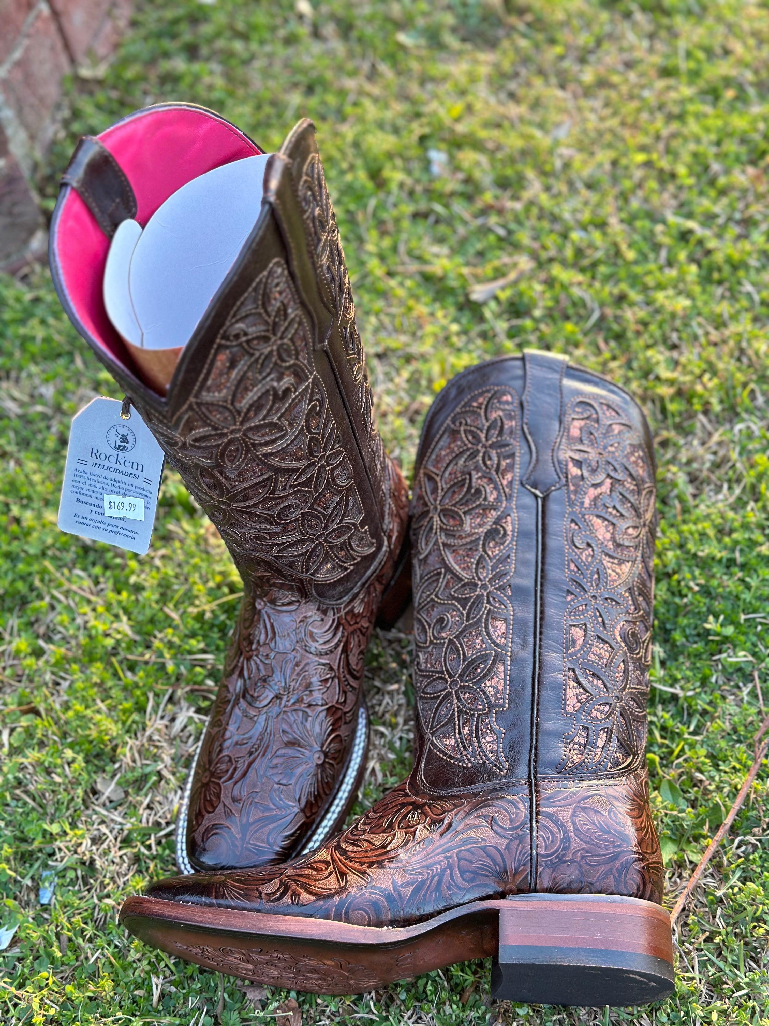 WOMENS FLOR DE LUZ HAND TOOLED BROWN SQUARE TOE ALMA