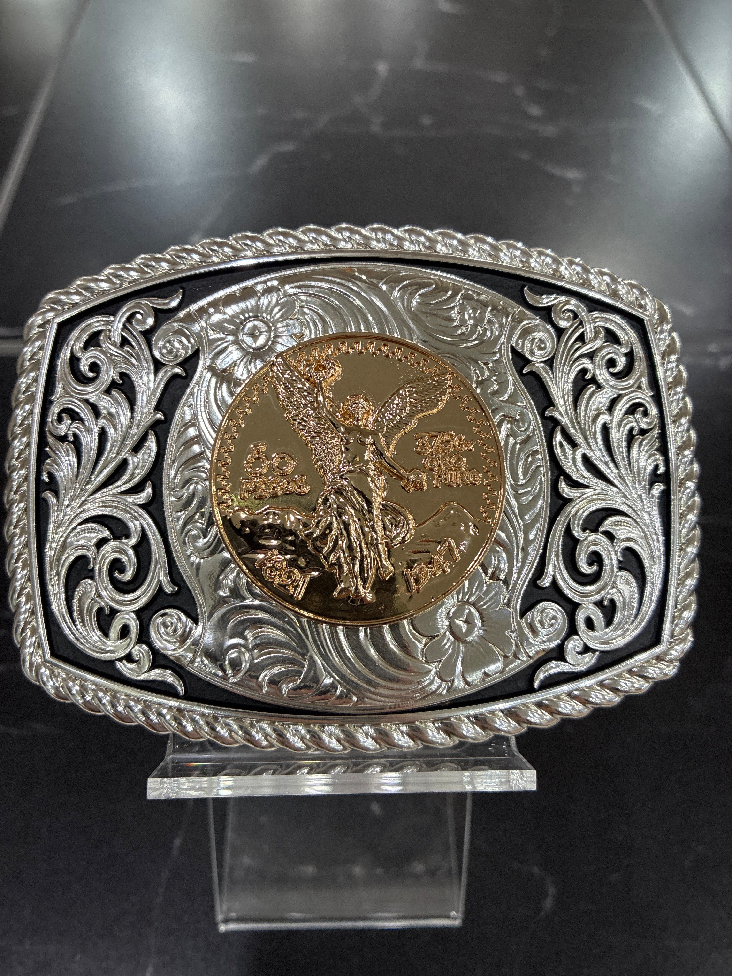 SILVER & BLACK SQUARED BUCKLE W/ GOLD CENTENARIO