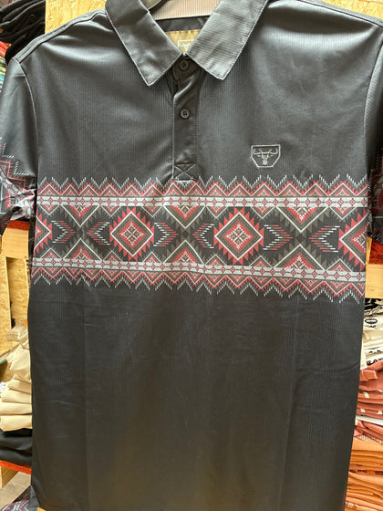 PLATINI MENS BLACK & BURGANDY AZTEC POLO MODERN FIT - PGP11443
