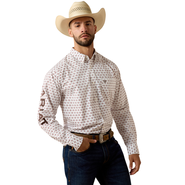 ARIAT MENS TEAM DALLAS LS SHRT WHITE MULTI GEO PRINT/BLACK 10073629