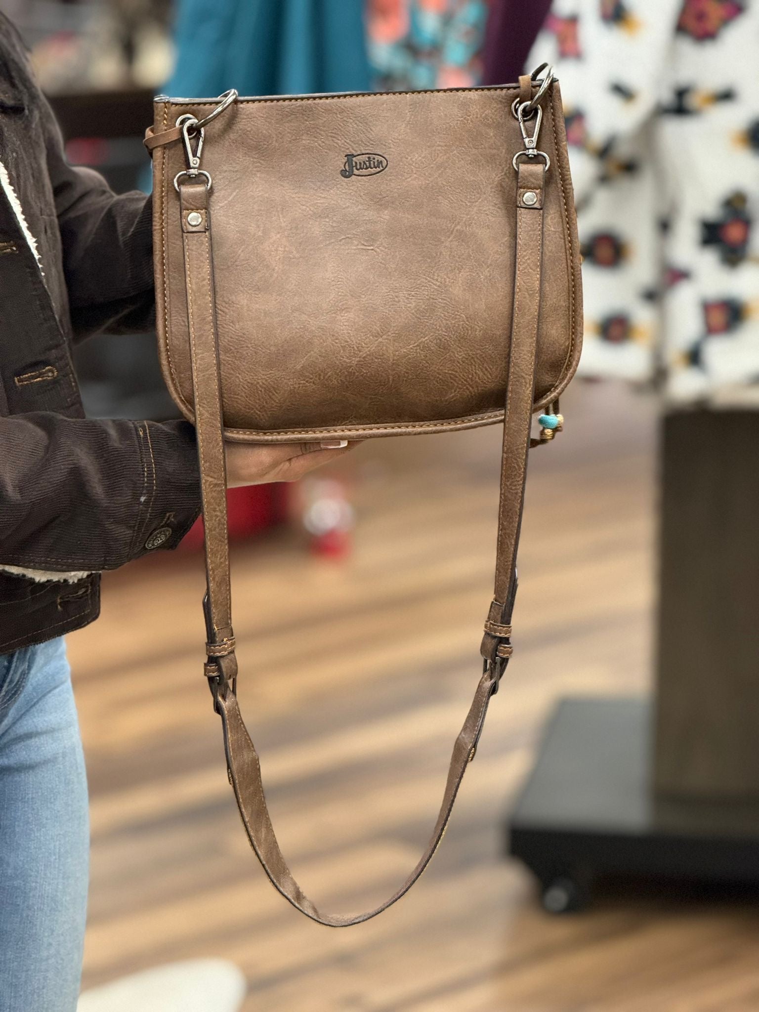 JUSTIN CROSS BODY HAND BAG WHITE & BROWN COWHIDE TURQUOISE BEADED