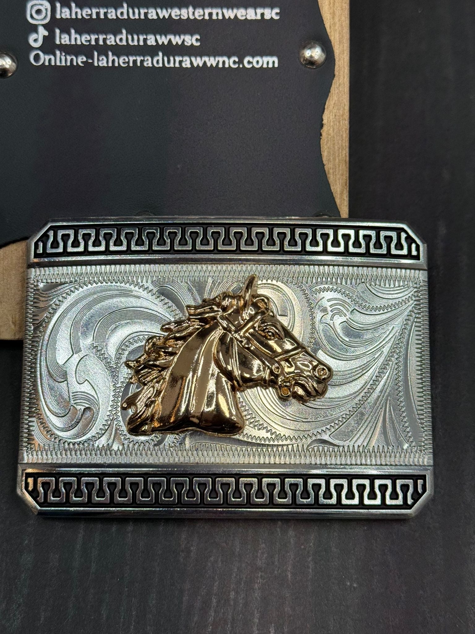 SQUARE GREEK BOARDER SILVER WITH GOLD HORSE BUCKLE