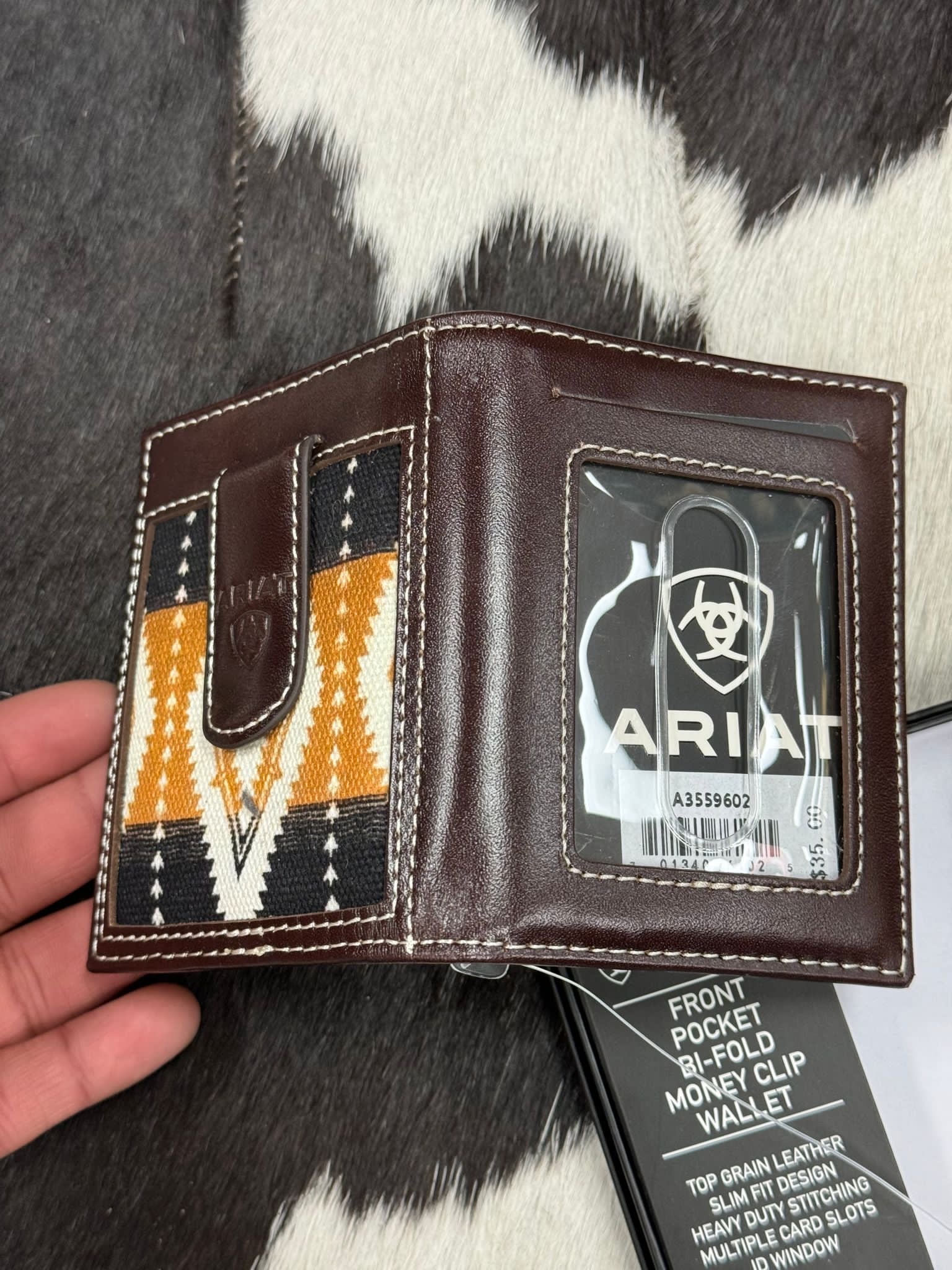 ARIAT FRONT POCKET BI-FOLD MONEY CLIP WALLET DARK BROWN ORANGE MULTI AZTEC