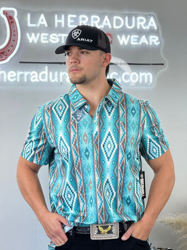 ROCK&ROLL TURQUOISE BROWN PRINTED AZTEC POLO SHORT SLEEVE SHIRT