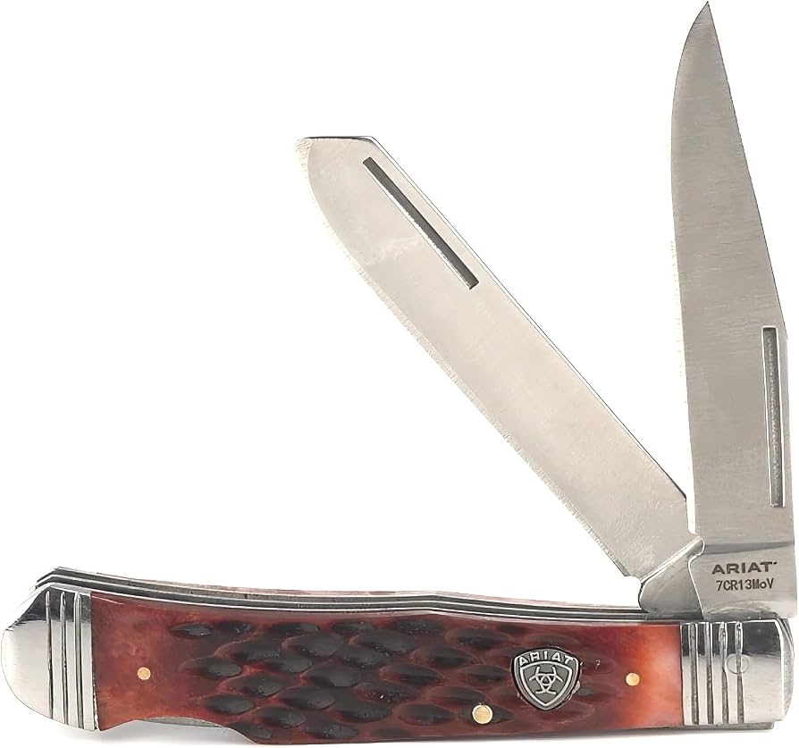 ARIAT LOGO STEEL & BROWN FOLDING KNIFE - A710010902-M