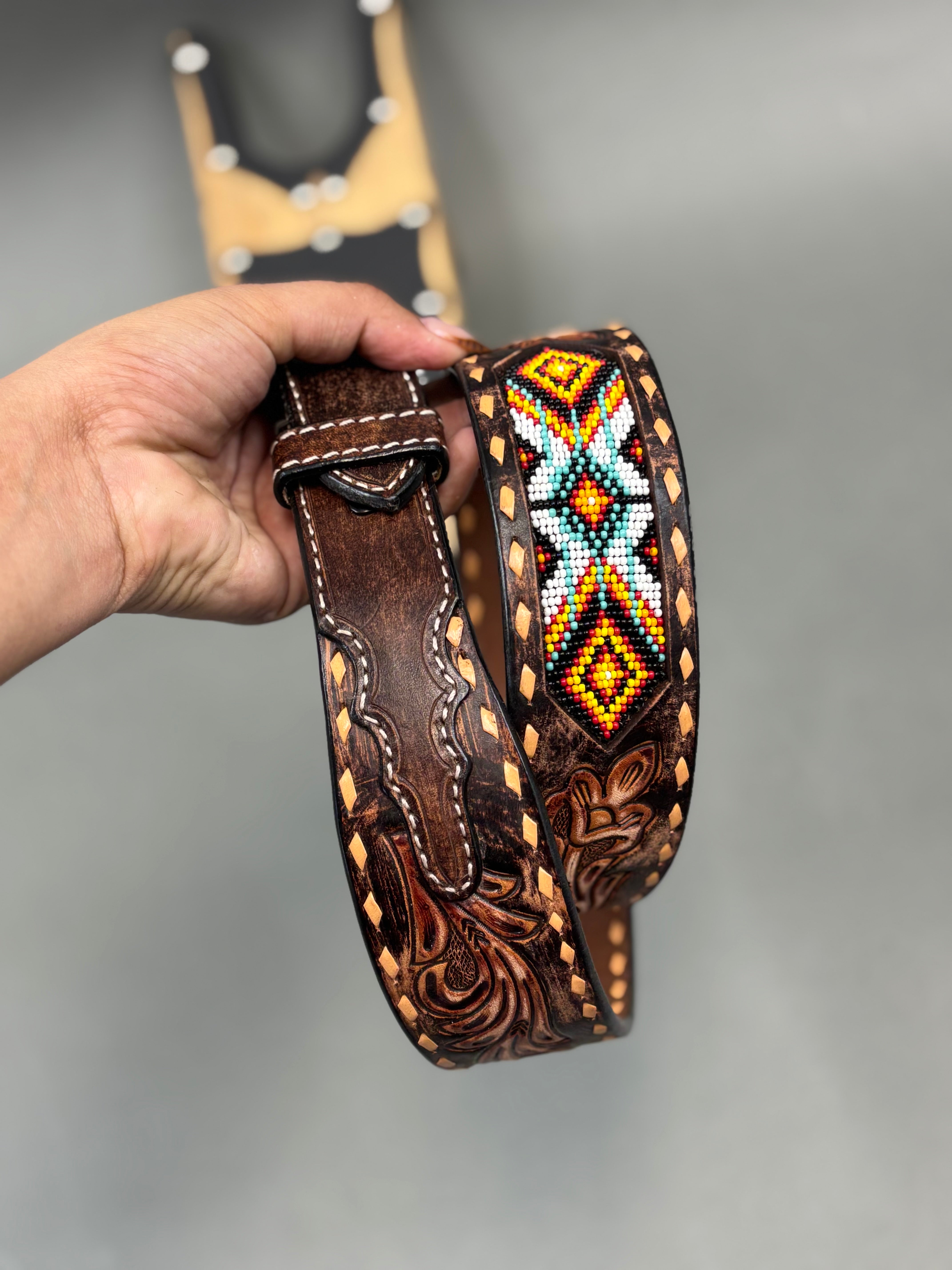 3D BROWN TOOLED AZTEC BEADED BELT