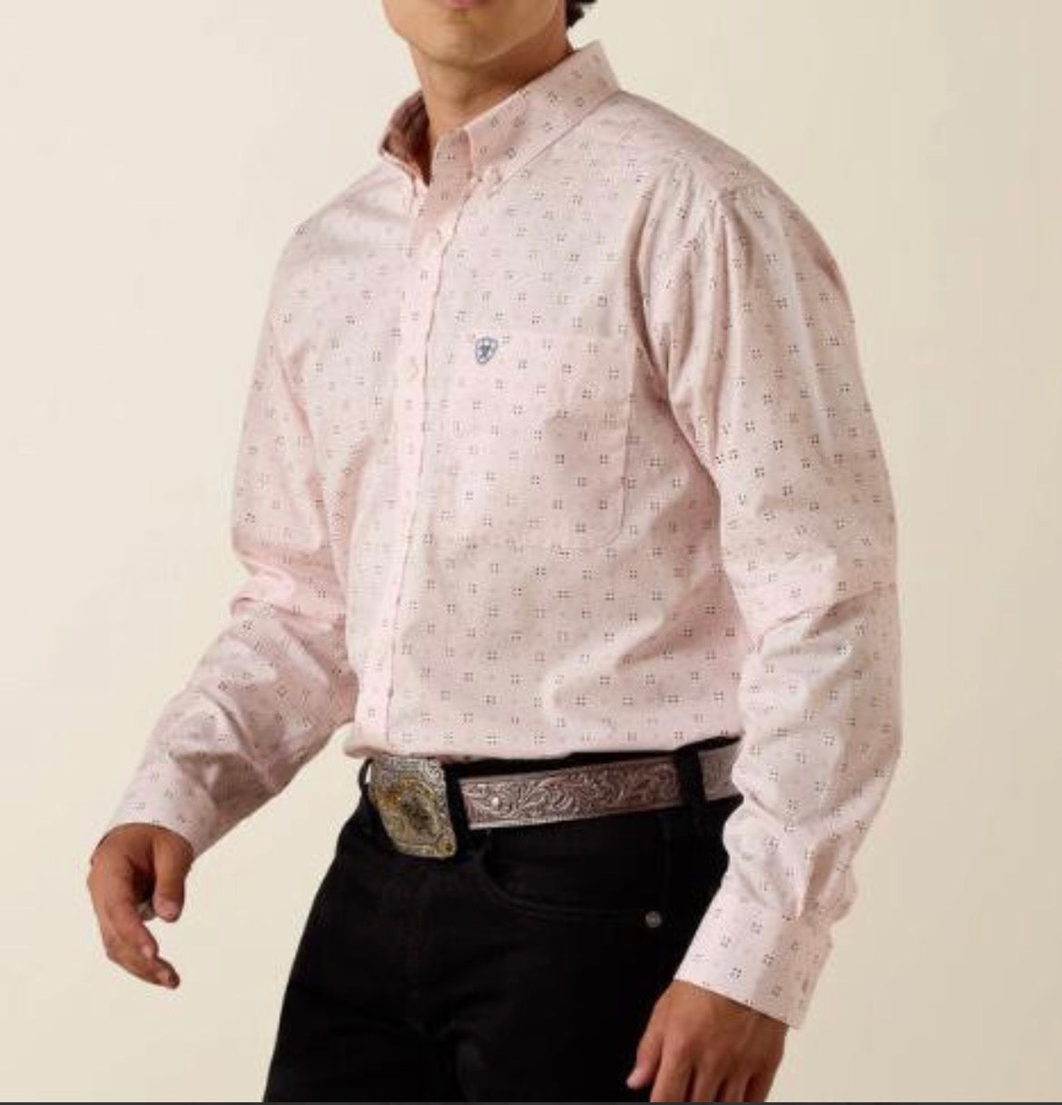 ARIAT MEN WF WALLY FTD LS SHRT BARELY PINK GEO PRINT 10073690