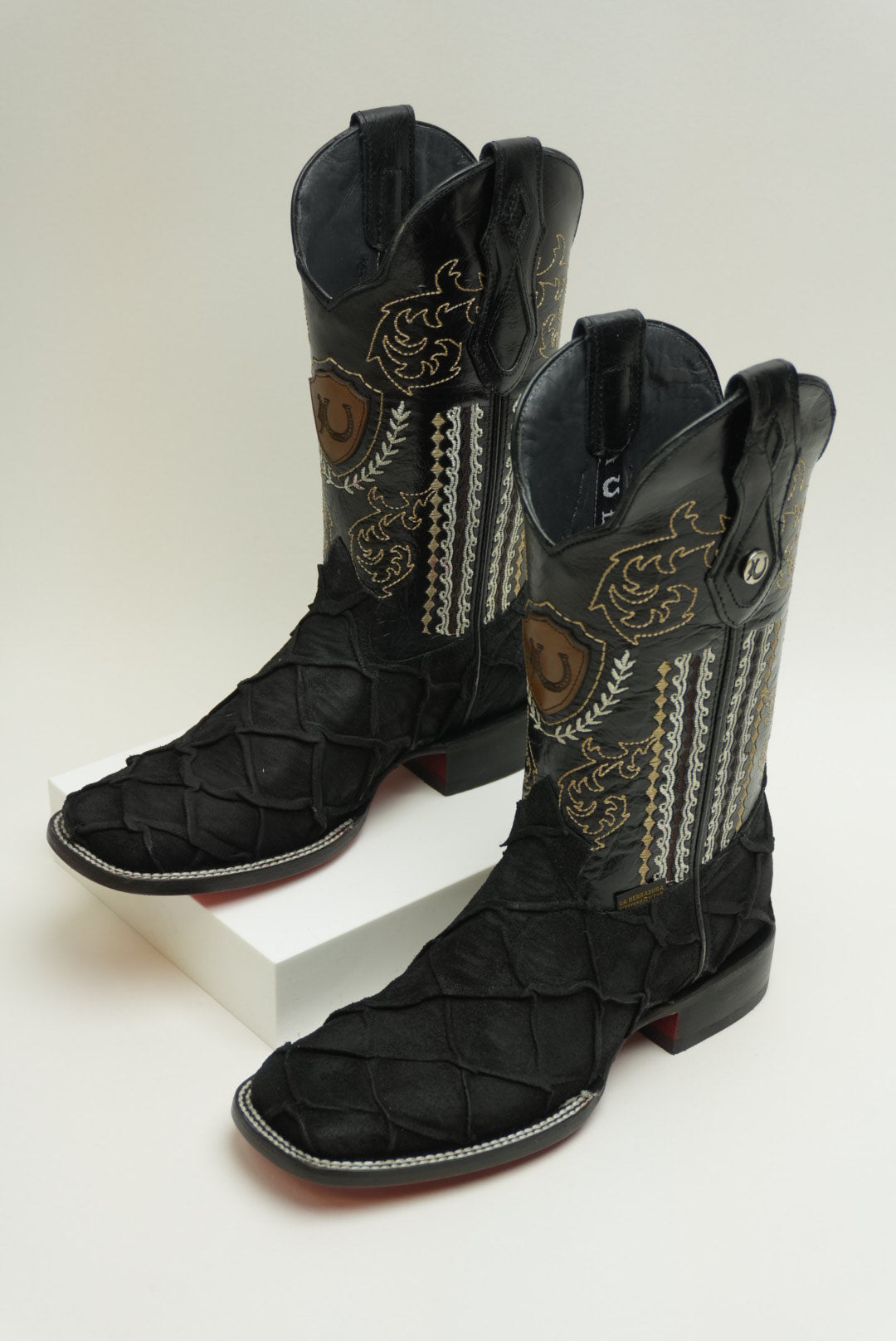 LA HERRADURA MENS DANIEL PIRARUCU DOBLILLADO GAM NEGRO RED BOTTOM SQUARE TOE BOOT