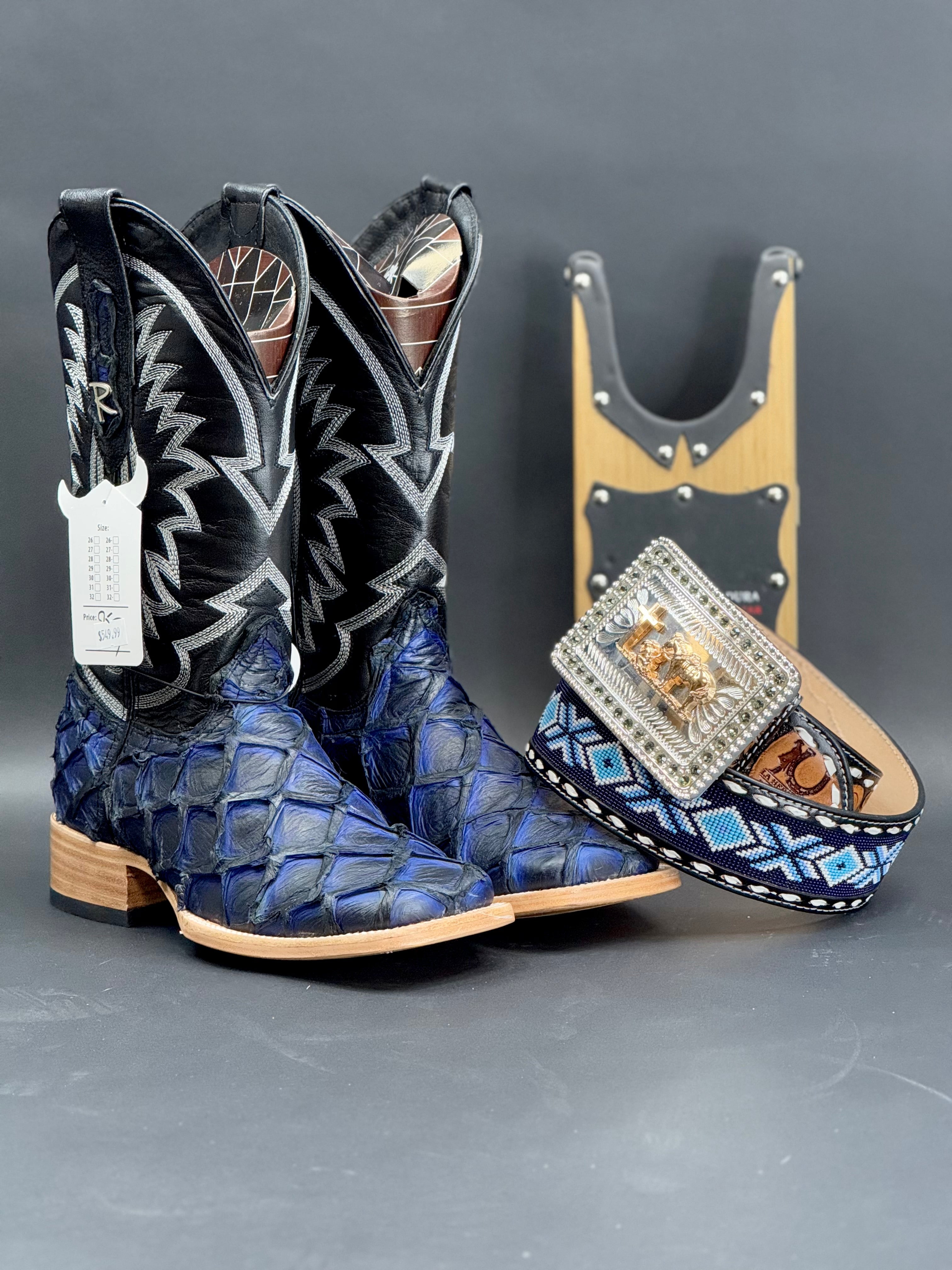 HERRADURA EXOTIC CAMEL BLACK ELECTRIC BLUE SOLAR FISH BOOTS