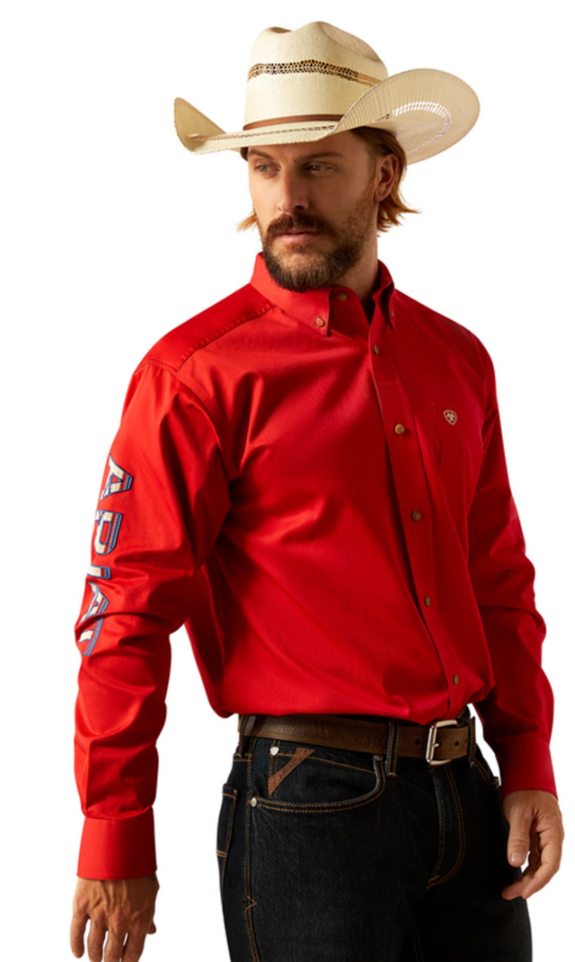 ARIAT MENS TEAM LOGO TWILL LS RED/KHAKI SHIRT- 10055236