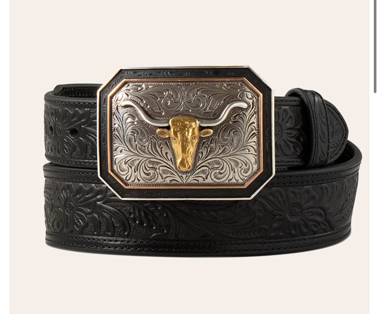 ARIAT MENS FLORAL EMBOSSED BLACK BELT & BULL BUCKLE- A1043201