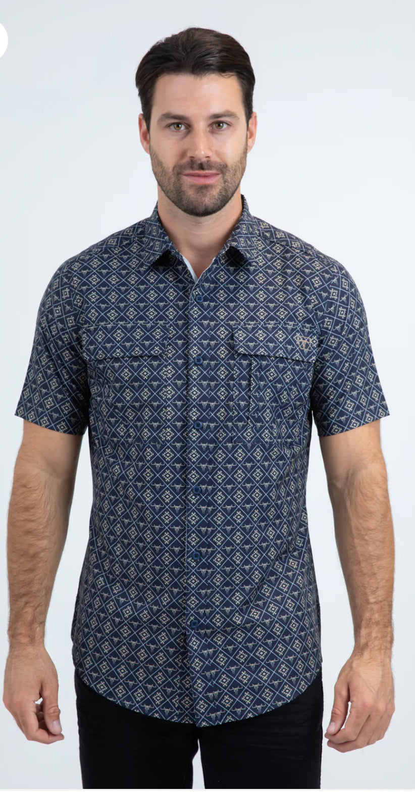 PLATINI MODERN FIT STRETCH BLUE SHORT SLEEVE SHIRT- PGS11116