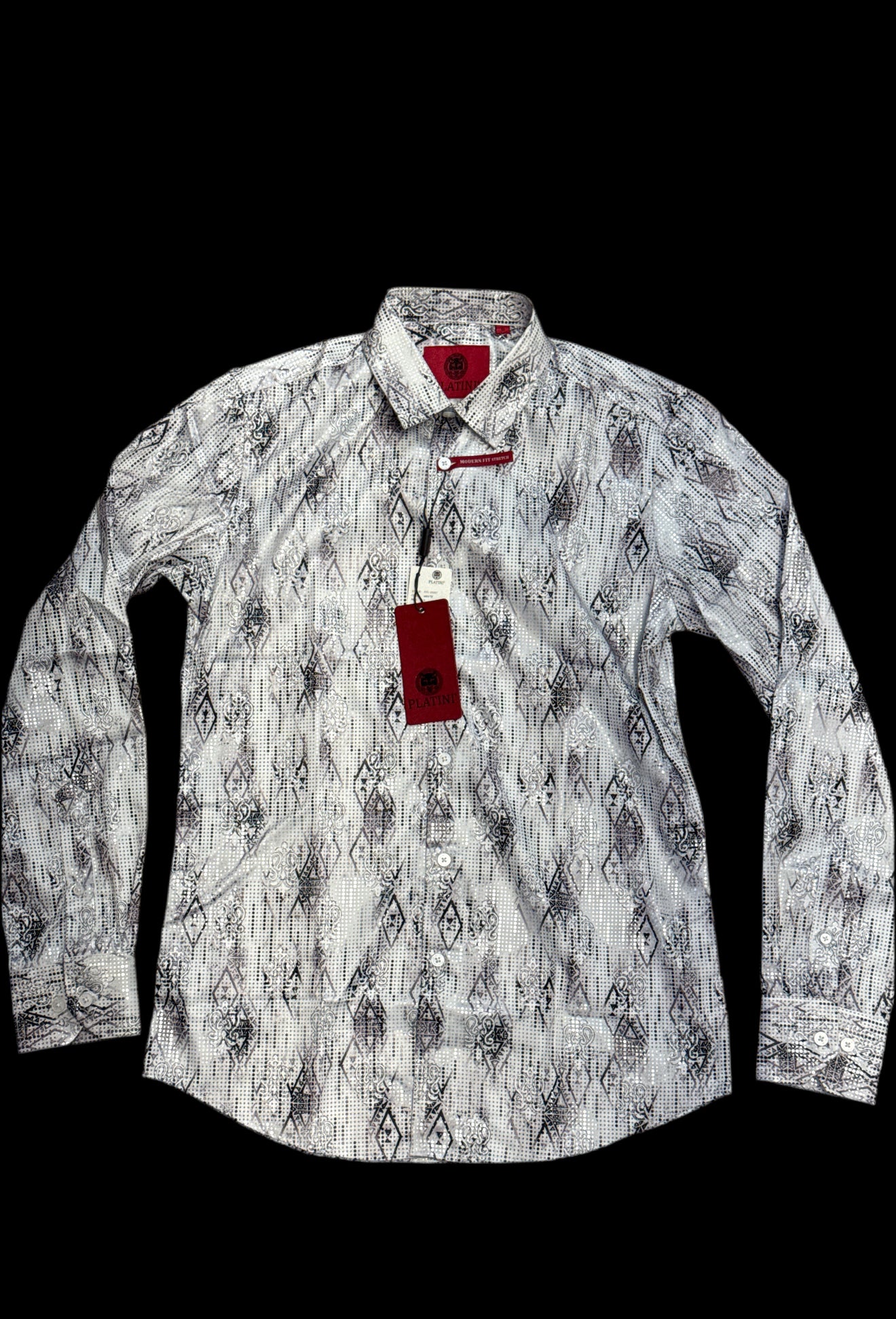 PLATINI MENS MODERN FIT STRETCH FOIL FASHION LONG SLEEVE SHIRT WHITE- FPL10967