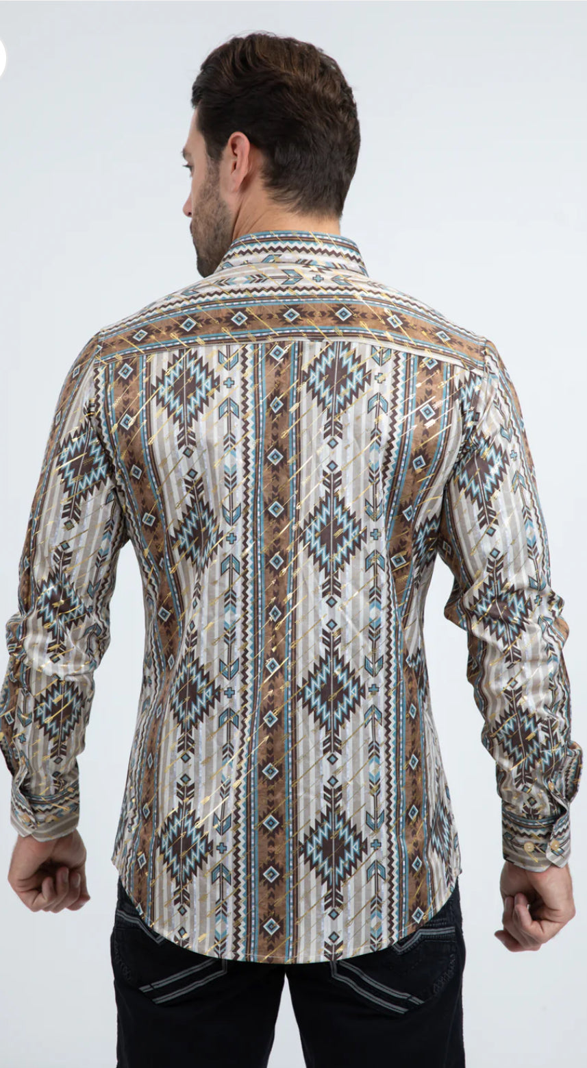 MENS PLATINI MODERN FIT STRETCH FOIL FASHION BEIGE SHIRT- FPL11283