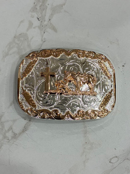 HEBILLA DE VAQUERO ORANDO DE PLATA CON DISEÑOS DE COBRE
