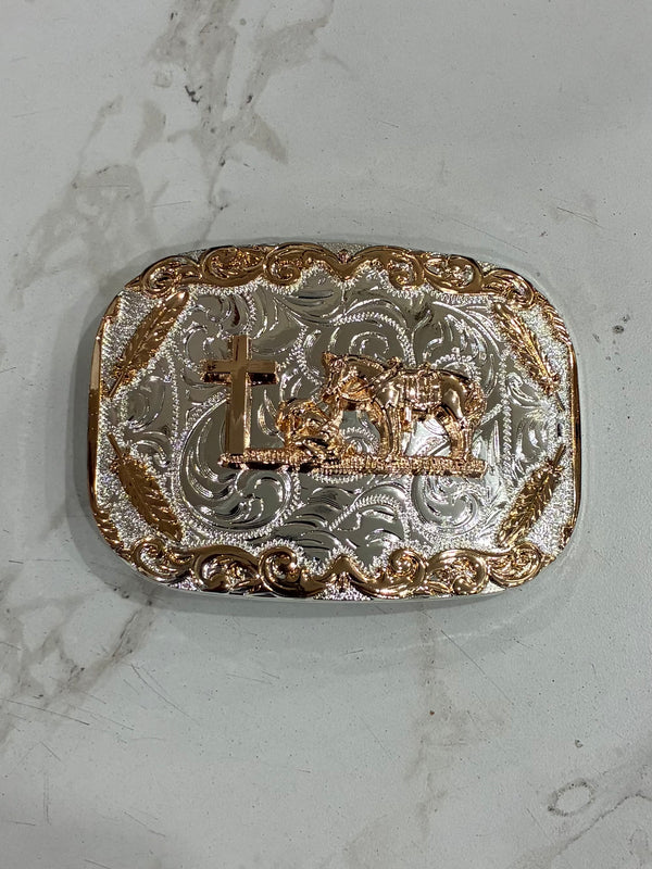 HEBILLA DE VAQUERO ORANDO DE PLATA CON DISEÑOS DE COBRE