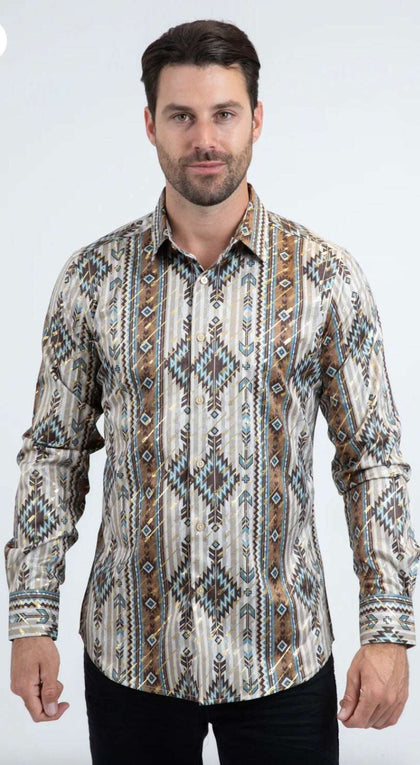 MENS PLATINI MODERN FIT STRETCH FOIL FASHION BEIGE SHIRT- FPL11283