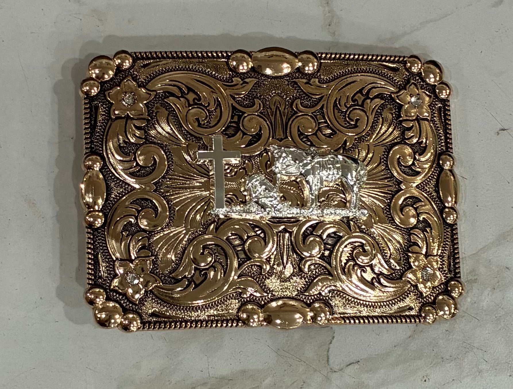ALL COPPER PRAYING COWBOY SQUARE BUCKLE