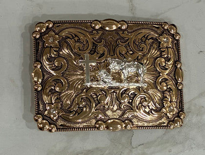 ALL COPPER PRAYING COWBOY SQUARE BUCKLE