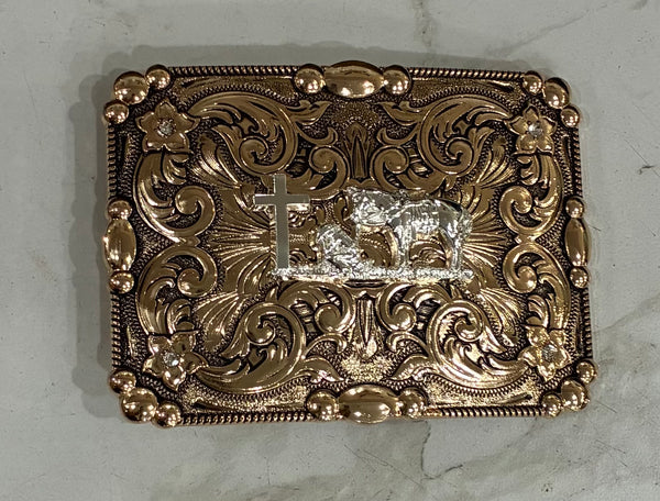 ALL COPPER PRAYING COWBOY SQUARE BUCKLE