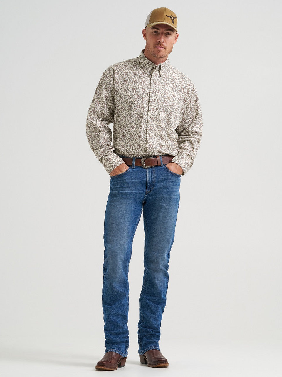 WRANGLER MEN BOTTON UP SHIRT MINT AND BROWN BANDANA PRINT 112374543