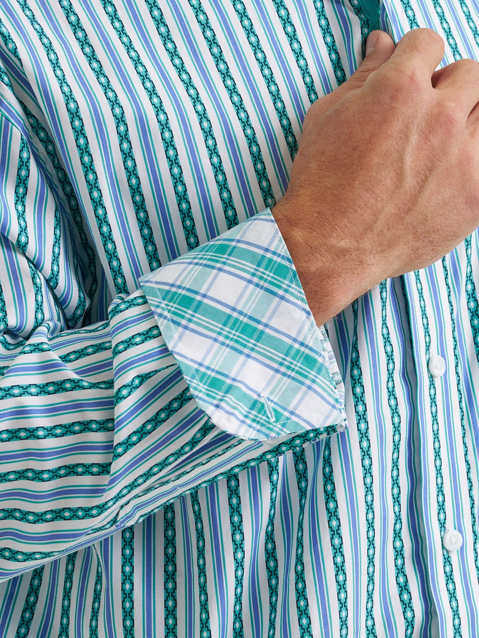 WRANGLER MEN PURAL SNAP TEAL AZTEC LONG SLEEVE SHIRT 112374596