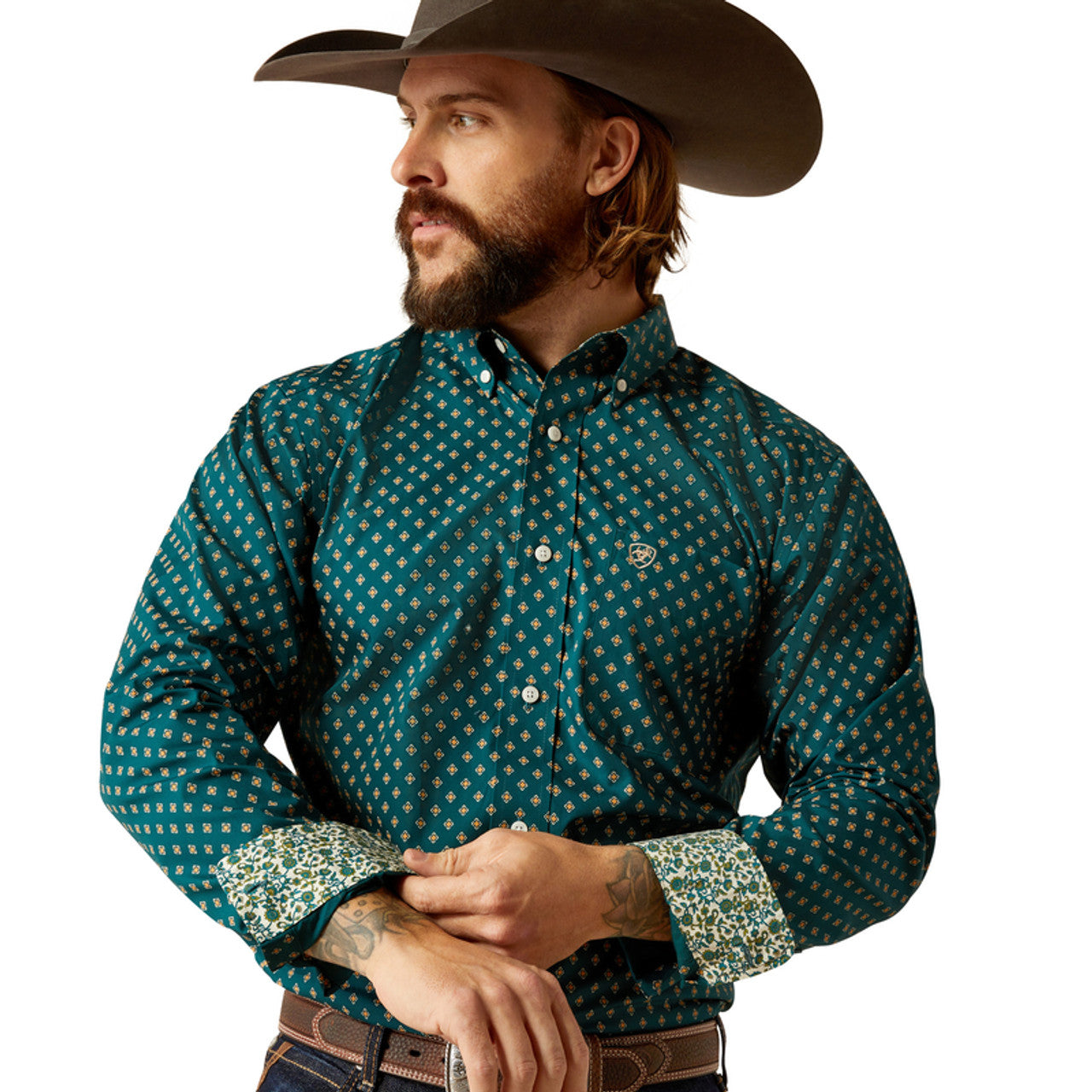 ARIAT FUTTED GROVER DEEP TEAL LONG SLEEVE SHIRT