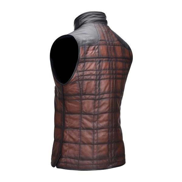 Cuadra Mens Embroidered brown leather reversible vest Ovine Brown