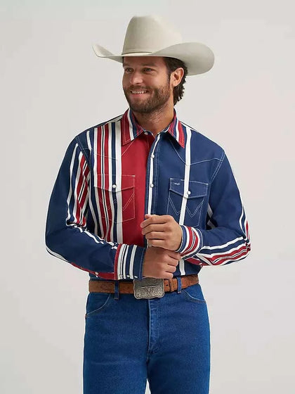 MEN WRANGLER WHITE/RED/BLUE BUTTON UP LONG SLEEVE SHIRT- 112375916