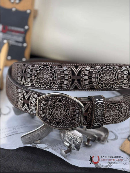 BROWN/SILVER GREEK 2IN MEN BELT