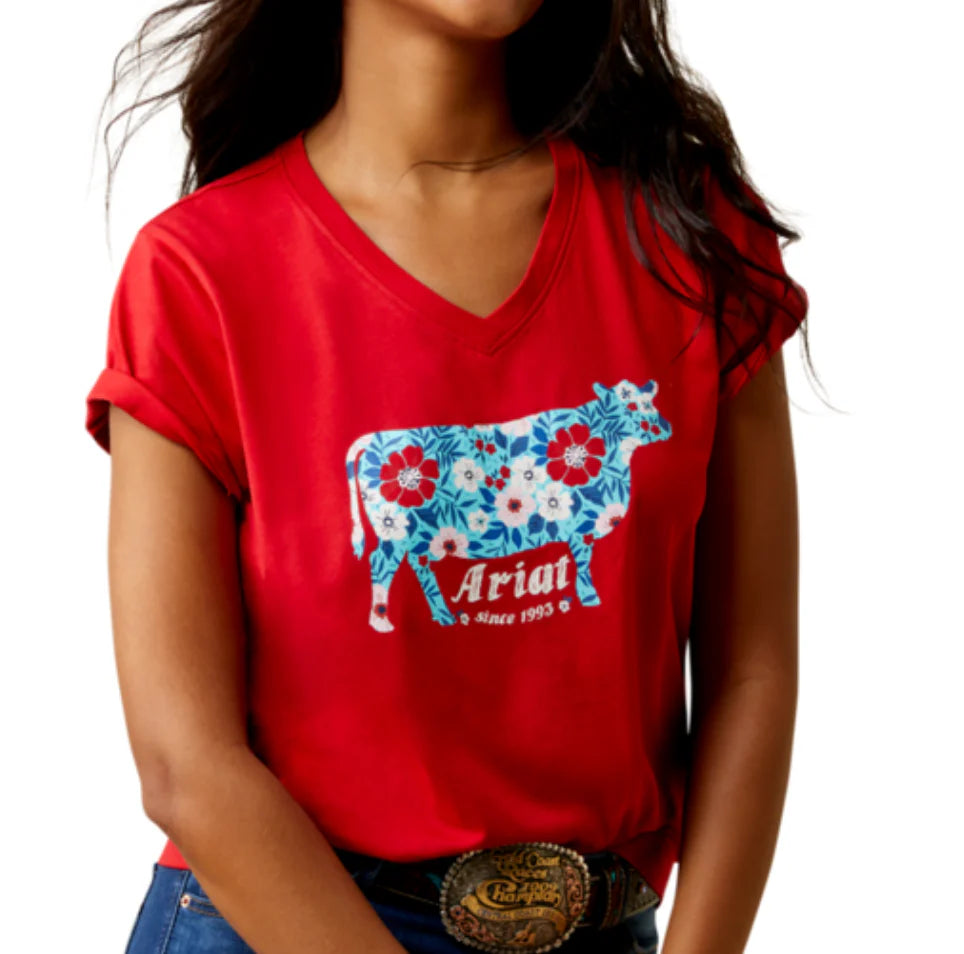 WOMEN ARIAT FLOWER COW SS TSHIRT-10045086