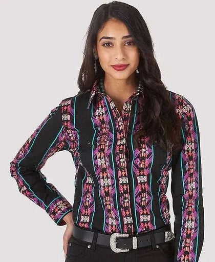 Camisa vaquera Wrangler de manga larga con broches y estampado retro para mujer - LW4010M