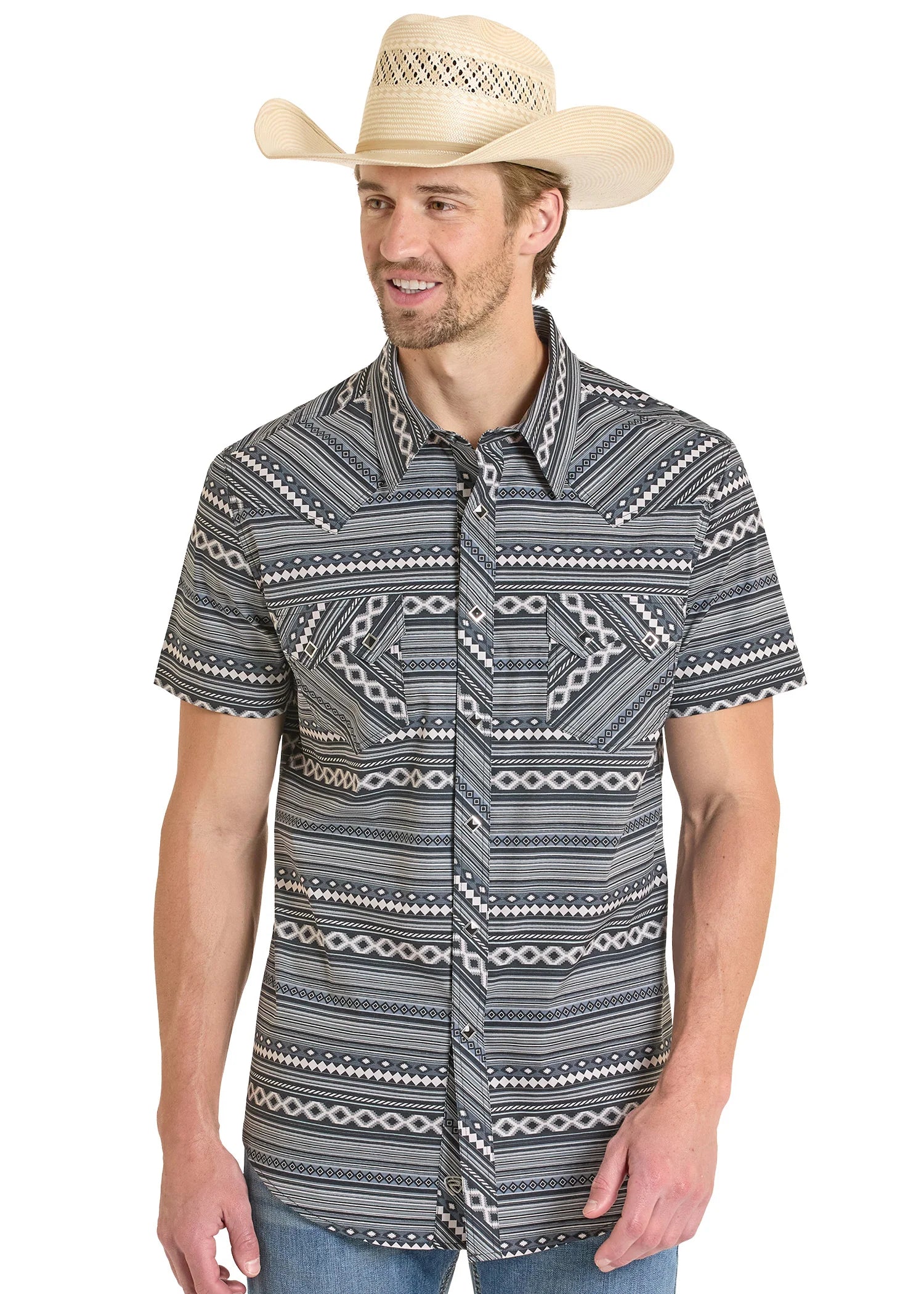 ROCK&ROLL MENS BLACK AZTEC PRINTED SNAP SHIRT - BMN3S08298
