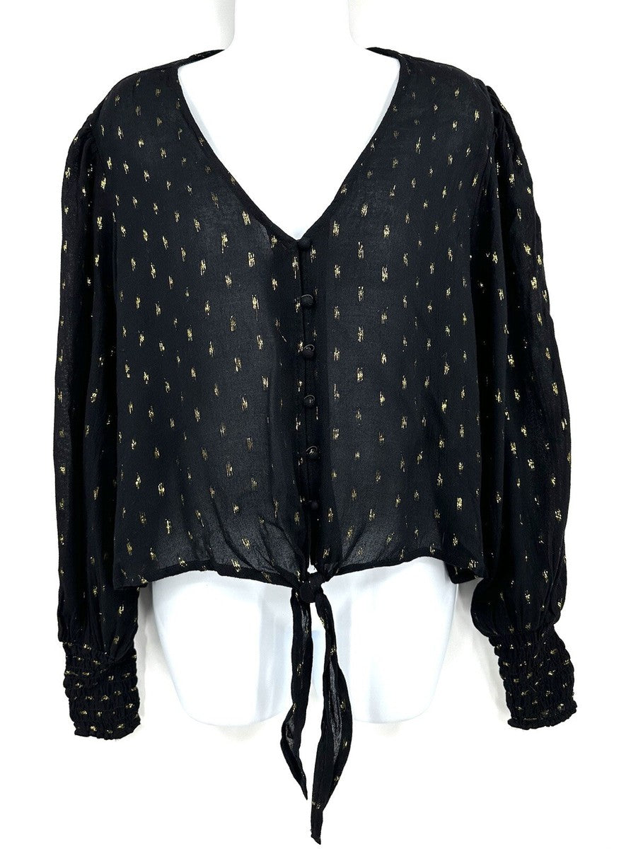 Wrangler Retro Semi Sheer Tie Front Poet Sleeve Cropped Blouse 112324025