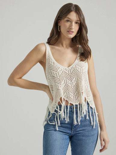 Chaleco de ganchillo con flecos Wrangler Retro para mujer, color crema 112347181
