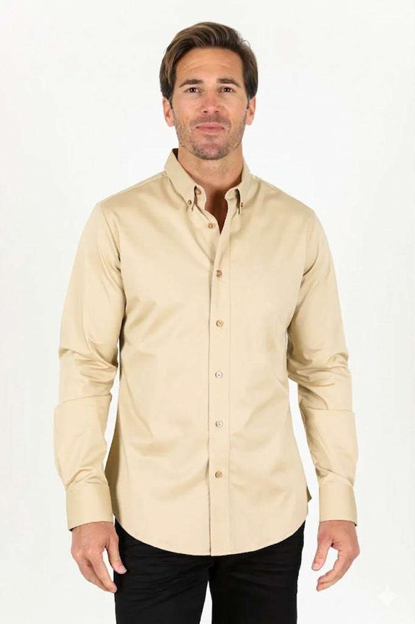 CAMISA DE HOMBRE PLATINI CORTE MODERNO ELÁSTICA BEIGE - TKL11301