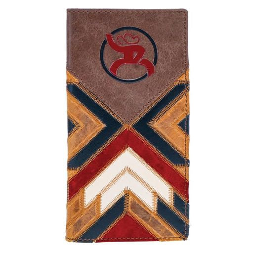 HOOEY PATCHWORK RODEO WALLET WITH BROWN LEATHER OVERLAY AND ROUGHY 2.0 DEBOSSED RED AND BLACK LOGO -RW007