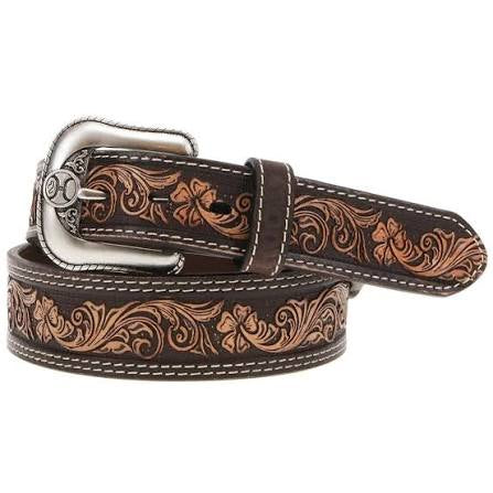 HOOEY MENS BROWN WESTERN DESIGN BELT WITH WHITE STITCHING - HMBLT007