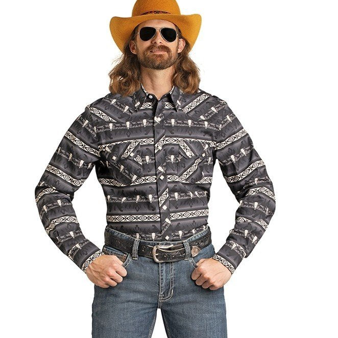 ROCK&ROL MEN’S RR NOVELTY PRINT LS SNAP BLACK BMN2S07159