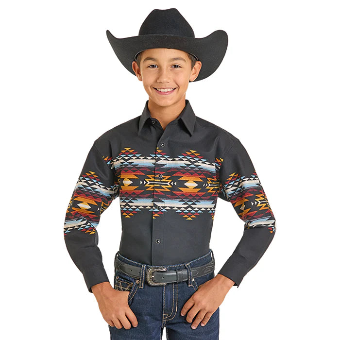 PANHANDLE KIDS AZTEC BORDER LS SNAP BLACK SBN2S07385