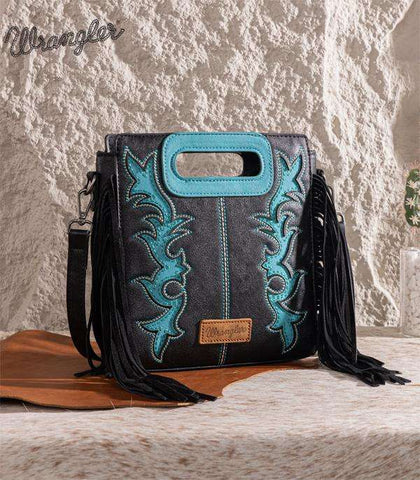 BOLSO DE MANO WRANGLER DE CUERO NEGRO Y AZUL COSIDO