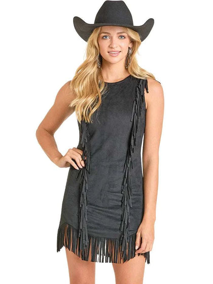 ROCK&ROLL WOMEN MICROSUEDE DRESS WITH FRINGE BLACK BWD0R06999