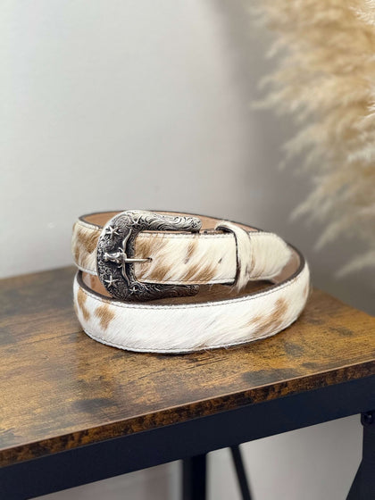 Cinturón de hombre ROCKEM con estampado de vaca marrón y blanco