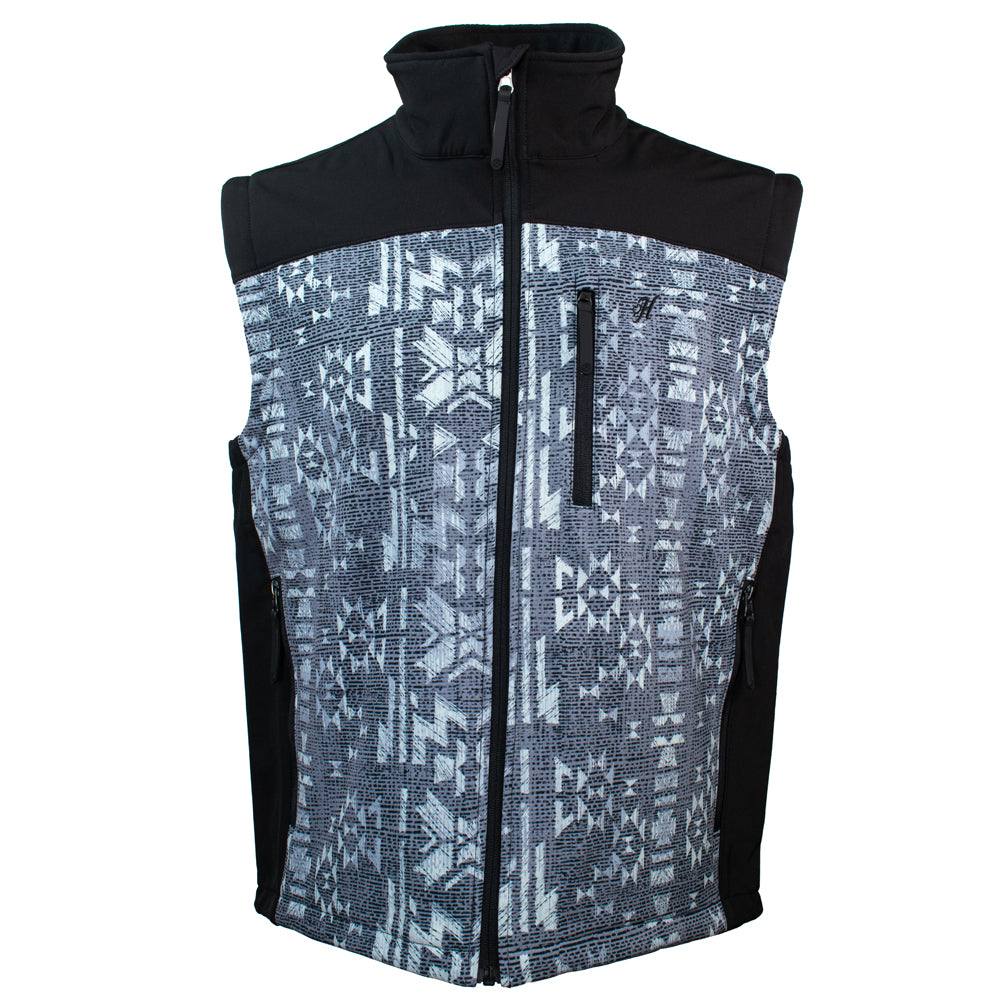 HOOEY MENS SOFT-SHELL VEST CHARCOAL/GREY AZTEC PATTERN BODY FULL ZIP WHITH CHARCOAL YOKE HV092CHAZ